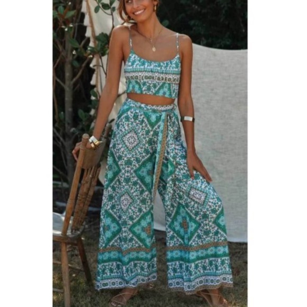mint boho floral print crop top wide leg pants set - Picture 2 of 6